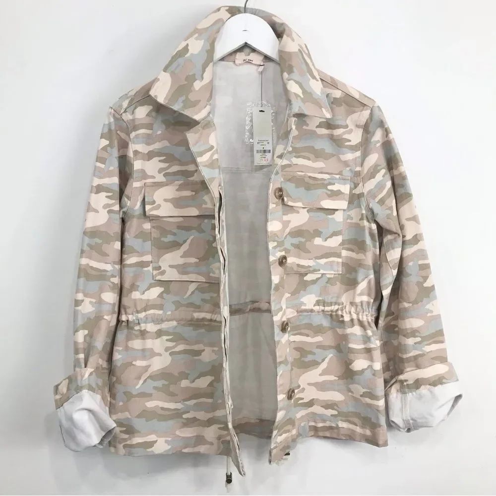 MiAmi Francesca’s Cream Tan Blue Camo Cinch Waist Button Utility Jacket NEW